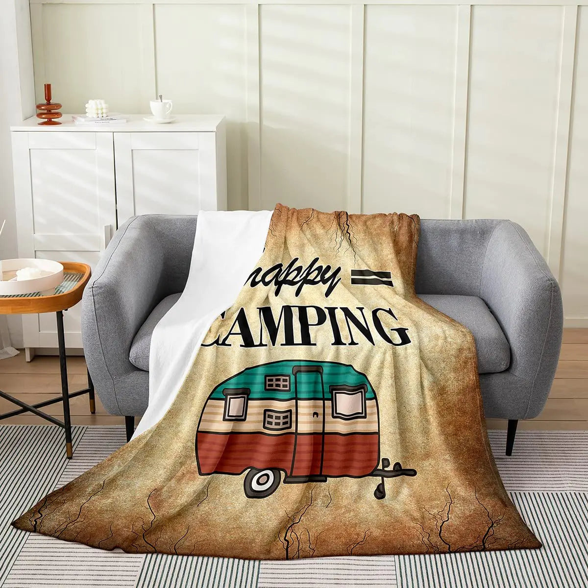 Camper Fleece Throw Blanket Kids Famhouse Camping Flannel Throw Blanket for Bed Sofa Couch Girls Boys Rustic Nature Travel Fuzzy Blanket Soft Plush Blanket Camping Theme Decor Twin 60"x80"