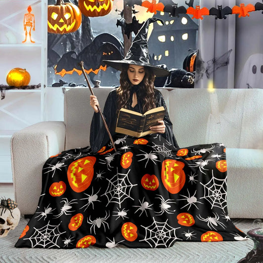 Wajade Spider Web Throw Blanket Halloween Black Blanket Halloween Spider Web Pumpkin Velvet Fleece for Sofa Bed Couch Chair Dorm 50" x 60"