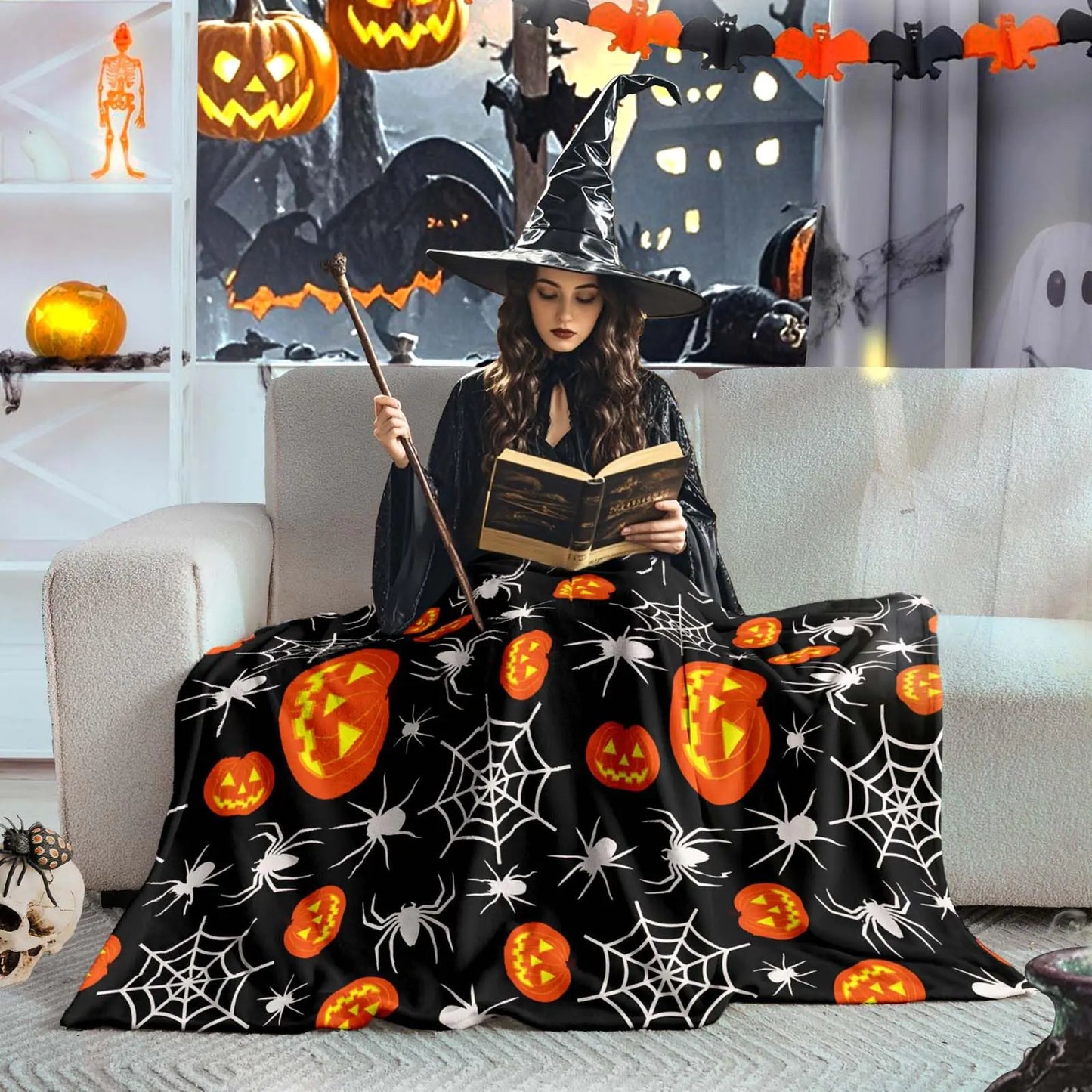 Wajade Spider Web Throw Blanket Halloween Black Blanket Halloween Spider Web Pumpkin Velvet Fleece for Sofa Bed Couch Chair Dorm 50" x 60"