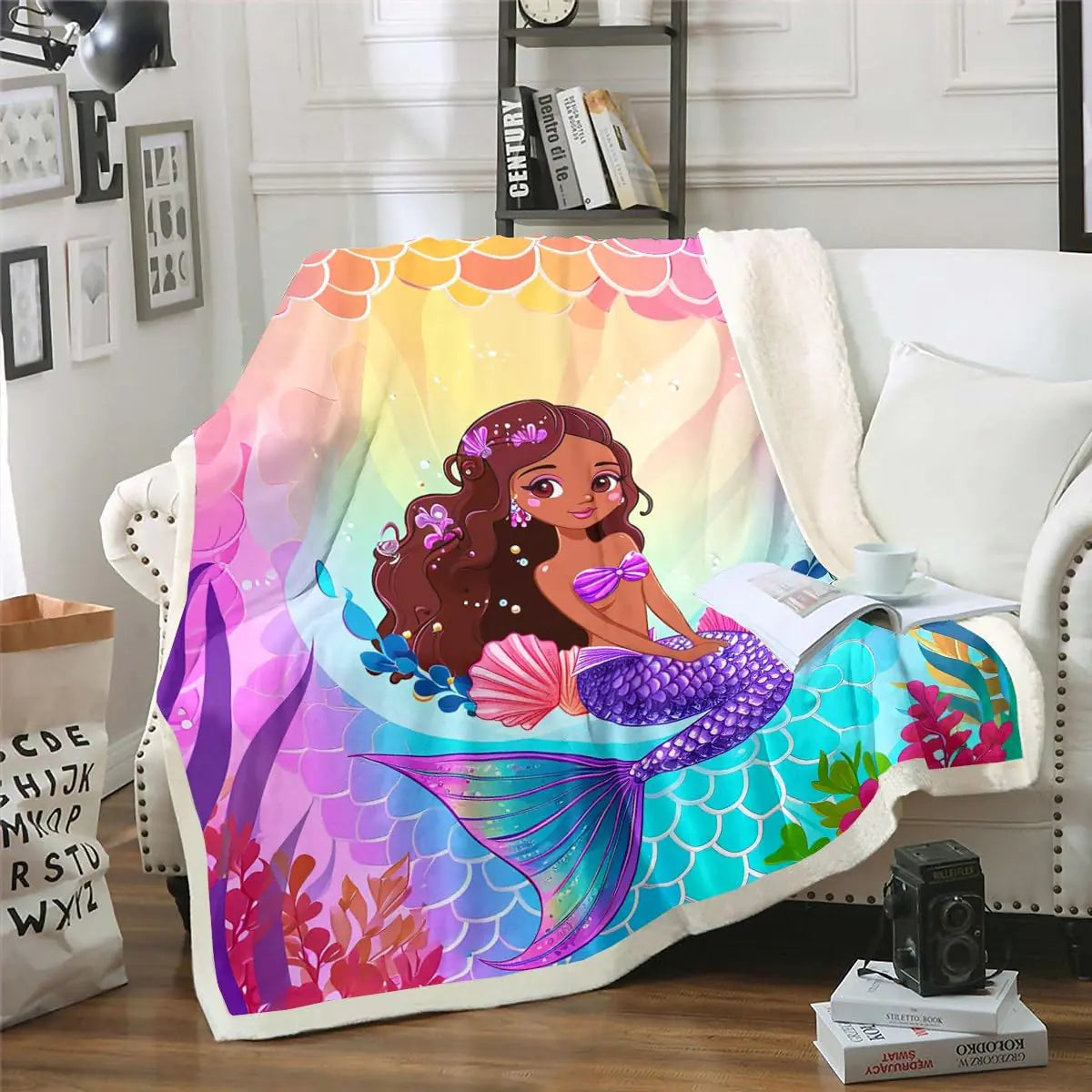 Erosebridal Cute Black Girl Blanket Kawaii Mermaid Throw Blanket for Bed for Girls Marine Ocean Fleece Blanket 40x50 Size Glitter Stars Sherpa Blanket Girly Princess Fuzzy Blanket Lightweight Soft