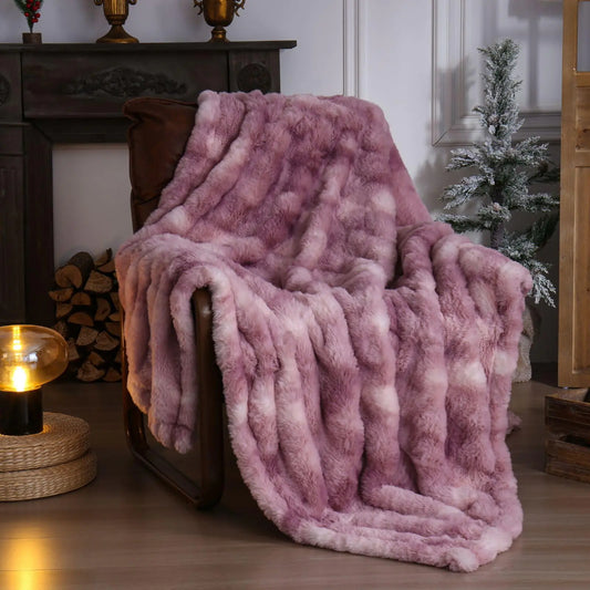 PU MEI Faux Fur Throw Blanket for Couch 80"*90" Fuzzy Soft Plush Thick Striped Blanket for Sofa Bedroom Living Room Purple