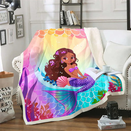Erosebridal Cute Black Girl Blanket Kawaii Mermaid Throw Blanket for Bed for Girls Marine Ocean Fleece Blanket 40x50 Size Glitter Stars Sherpa Blanket Girly Princess Fuzzy Blanket Lightweight Soft