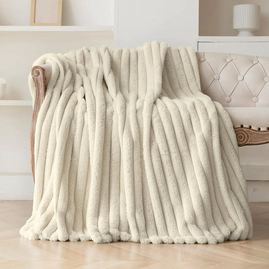 DANSICUINI Beige Faux Fur Throw Blanket for Couch Fuzzy Cozy Soft Warm Plush Striped Throw Blanket Decorative Fluffy Winter Blanket for Sofa Chair Bed Living Room Home Decor 60"x80"